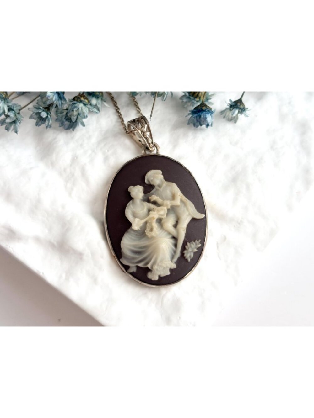 Courting Scene Brown & White Cameo Two Lovers 925 Vintage Pendant Necklace - 17" - Picture 15 of 16